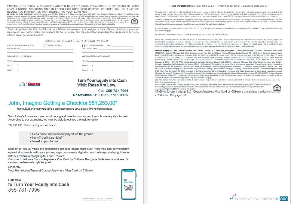 USA Costco Anywhere Visa Card by Citi bank mortgage loan statement in Word and PDF formats , 4 pages 3 4